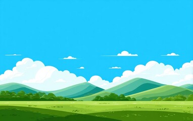 Fototapeta premium Wide landscape view of a verdant valley under a vibrant blue sky dotted with fluffy white clouds. Rolling hills and meadows extend to the horizon