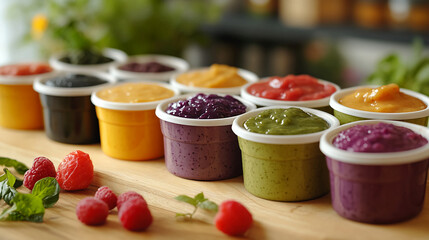 Assortment of colorful purees in small containers with raspberries on a wooden surface close up view