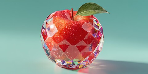 Red apple with crystal texture and green leaf on blue background for creative advertising and healthy lifestyle.