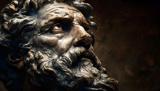 Illustration of stoic philosopher Epictetus. Statue stands against dark background, detailed facial features. Concept relates to ancient philosophy, wisdom, history, humanism. Suitable for