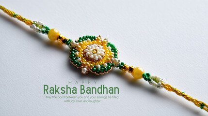 Beautiful Rakhi Bracelet with Intricate Details for Raksha Bandhan Celebration, between brothers and sisters during the auspicious occasion of Raksha Bandhan, celebrating family love and devotion.