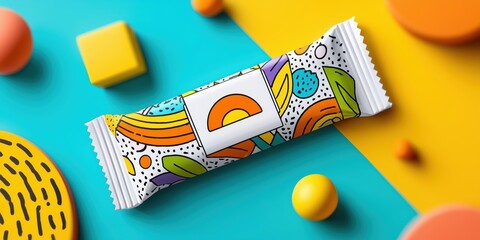 Colorful snack bar packaging with modern abstract design on vibrant yellow and blue background for branding.