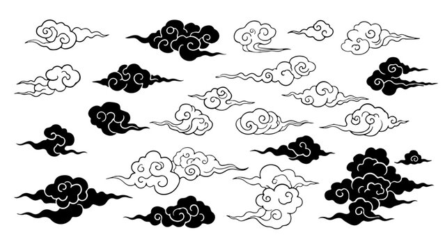 Chinese cloud vector elements set. Linear clip art oriental Japanese, Thai, Tibetan, Korean style clouds. 
