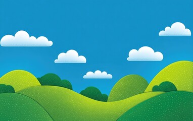 Fototapeta premium Cartoonish landscape with rolling hills, puffy clouds, and a vibrant blue sky (1)