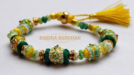 Beautiful Rakhi Bracelet with Intricate Details for Raksha Bandhan Celebration, between brothers and sisters during the auspicious occasion of Raksha Bandhan, celebrating family love and devotion.