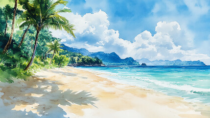 Watercolor painting of a tropical beach with palm trees and a cloudy blue sky over the ocean view