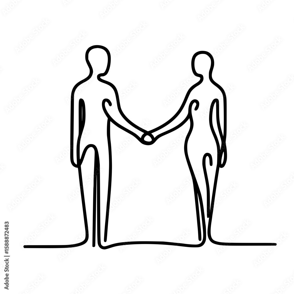 Poster two abstract figures shaking hands in a single line outline style