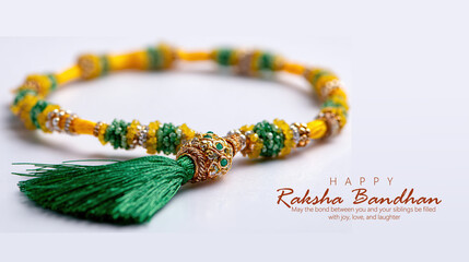 Beautiful Rakhi Bracelet with Intricate Details for Raksha Bandhan Celebration, between brothers and sisters during the auspicious occasion of Raksha Bandhan, celebrating family love and devotion.