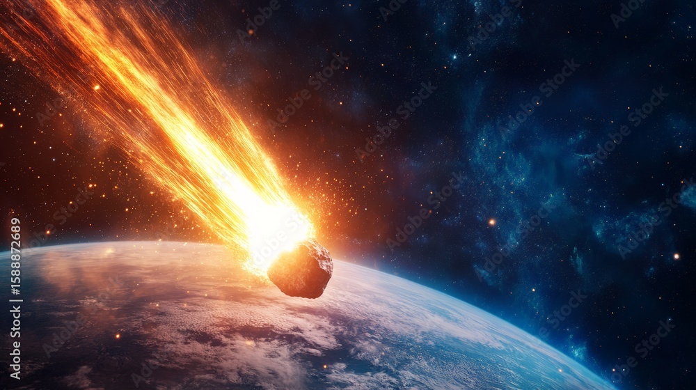 Poster massive asteroid burning through earth's atmosphere, creating a fiery trail of destruction and posin