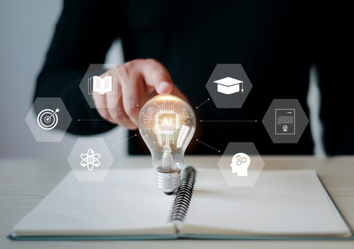 Hand holding a glowing light bulb symbolizes creativity, education, knowledge, online learning, e-learning technology, digital online network, innovation team collaboration.