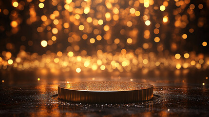 A golden platform with bokeh lights in the background creating a luxurious and festive atmosphere