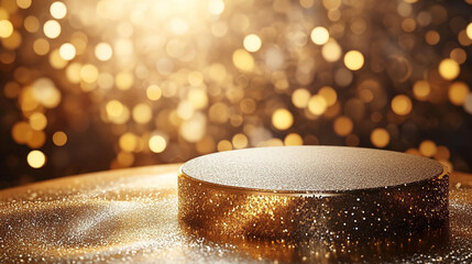 Glittering gold platform with bokeh lights in the background creating a festive and elegant atmosphere