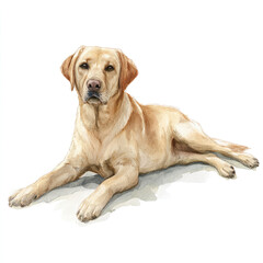 Labrador retriever dog sitting watercolor illustration, yellow lab, hand painted realistic pet portrait, white background