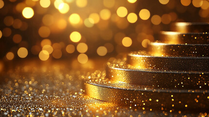 Golden staircase with bokeh lights creating a festive and luxurious atmosphere for a celebration