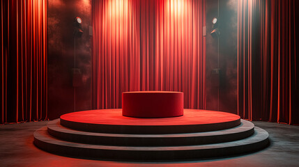 A stage with red curtains and a round platform with spotlights illuminating the scene beautifully