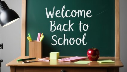 Welcome back to school message on a chalkboard with desk lamp and school supplies on a wooden desk