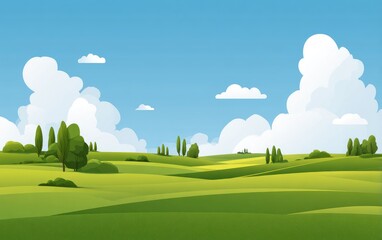 A serene, stylized landscape under a vibrant blue sky. Lush green fields undulate across the horizon, dotted with trees. Fluffy white clouds drift lazily across the azure expanse