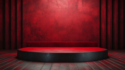 A theatrical stage with red curtains and a round platform bathed in dramatic red lighting effect