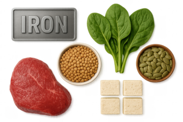 Different iron rich foods including beef, spinach, tofu, soybeans and pumpkin seeds are displayed on a transparent background