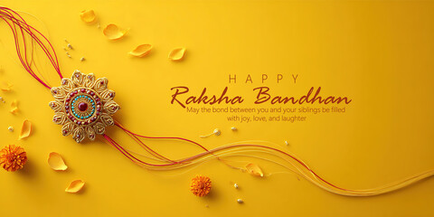 A colorful Raksha Bandhan festival greeting featuring an ornate Rakhi surrounded by petals and decorative elements on a warm yellow background, symbolizing love and bonding among siblings.