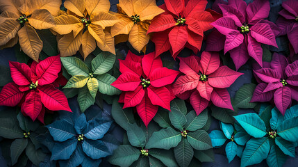 A vibrant display of colorful poinsettias showcasing a variety of hues and textures in a floral arrangement