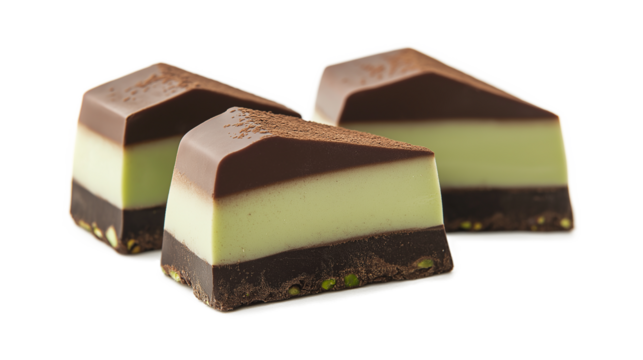 Three chocolate and green cake pieces on a white background - Powered by Adobe