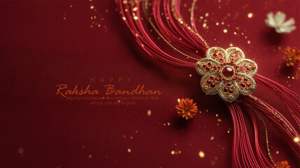 A traditional golden rakhi with red beads elegantly placed on a vibrant red background surrounded by decorative flowers, celebrating the essence of Raksha Bandhan and sibling love.
