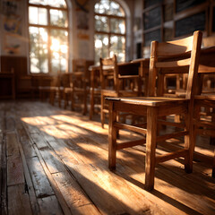 Empty classroom rows of chairs, desks. Wooden furniture. Sunlight from window. School college interior space. Education institution environment for learning, studying. Interior design of lecture hall