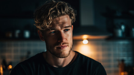 Obraz premium A person with light-colored, wavy hair is in a dimly lit kitchen with blurred shelves and a glowing lamp in the background, creating a soft and moody atmosphere.