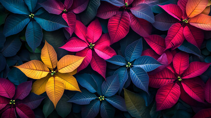 A vibrant display of poinsettia flowers in various colors creating a festive and colorful background