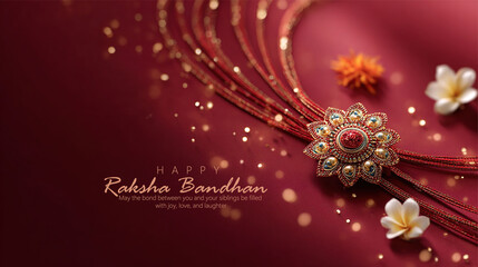 A traditional golden rakhi with red beads elegantly placed on a vibrant red background surrounded by decorative flowers, celebrating the essence of Raksha Bandhan and sibling love.