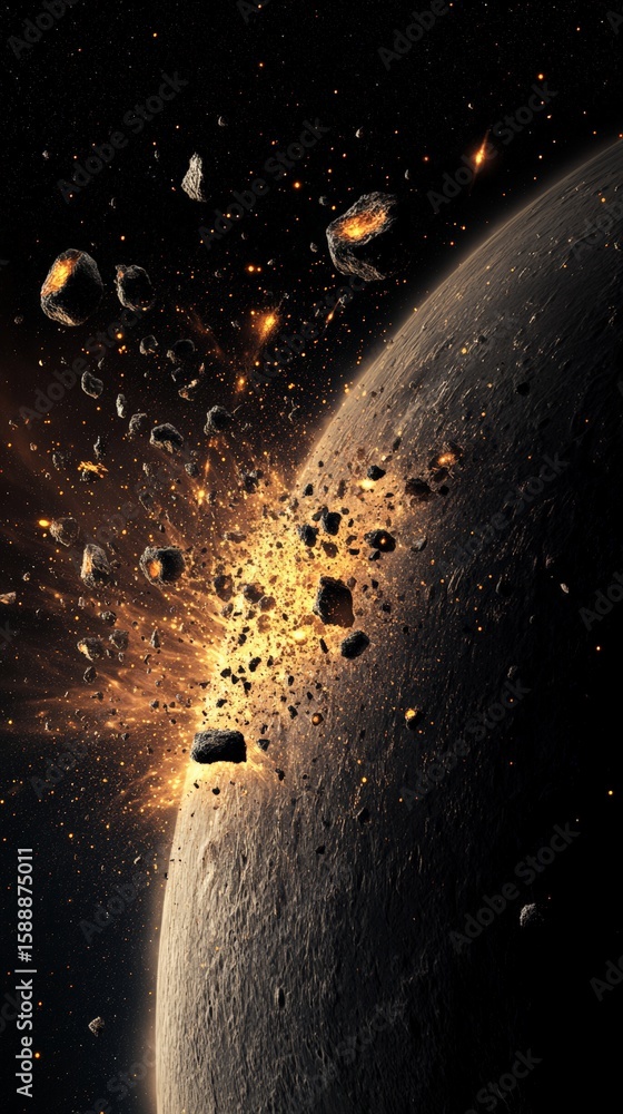 Poster numerous asteroids colliding with a planet generate a massive explosion, sending fire and debris soa