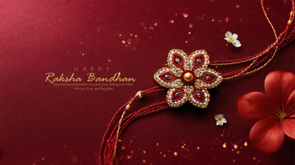 A traditional golden rakhi with red beads elegantly placed on a vibrant red background surrounded by decorative flowers, celebrating the essence of Raksha Bandhan and sibling love.