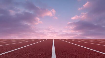 Athletic track stadium concept, low angle view of red running track with dramatic sunset sky, for Advertise, for banner, with copy space