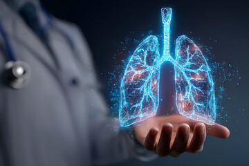 Doctor holding digital lungs representing respiratory health and innovative medical technology advancements in pulmonary care.