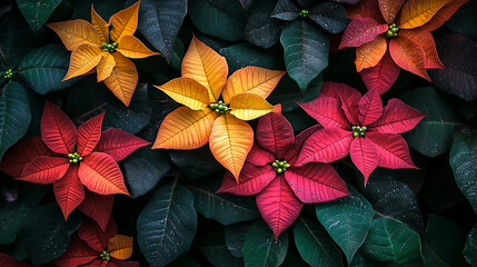 A vibrant display of poinsettias in shades of red and yellow amidst dark green leaves creating a festive scene