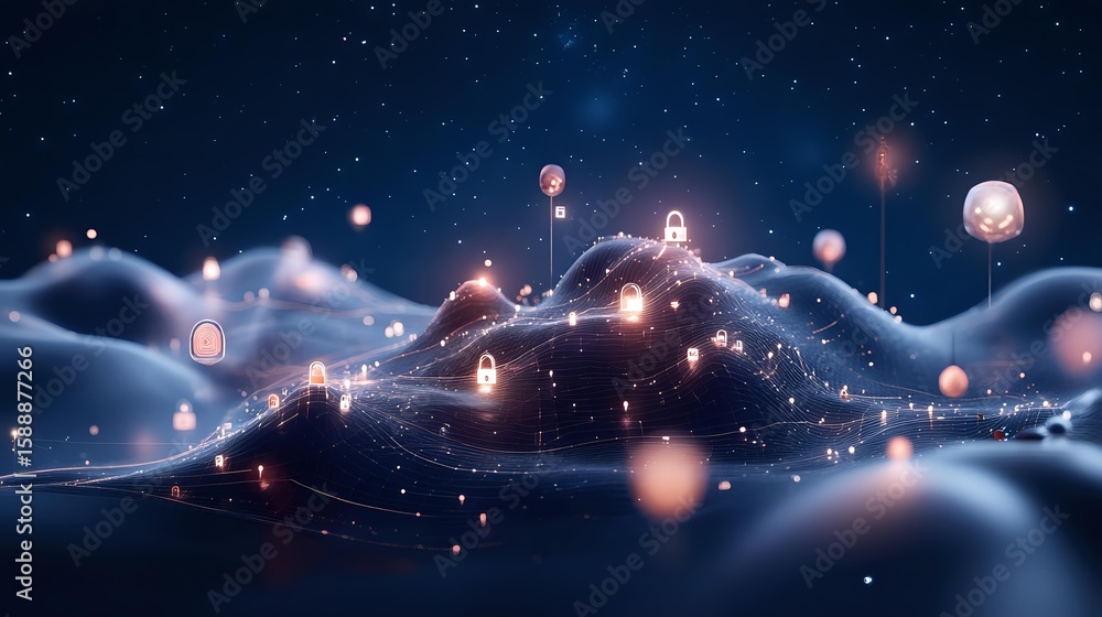 Poster glowing network connections float over abstract mountain landscape with luminous nodes and connectin