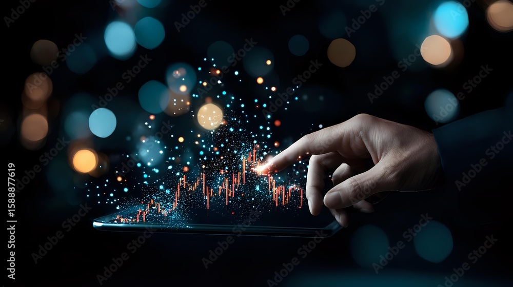 Poster hand touching digital screen with glowing financial chart and sparkles emerging against dark backgro