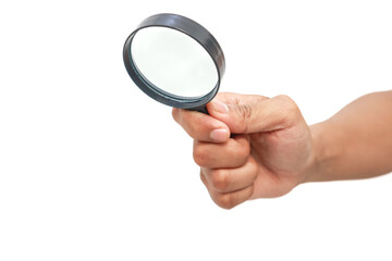 A hand holding a magnifying glass up against a pure white background, representing close inspection