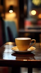 Cappuccino in yellow ceramic cup with latte art foam on wooden table at cozy cafe. Warm ambient lighting creates atmospheric mood with blurred background.