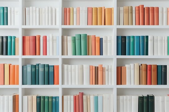 Modern bookshelf with color coordinated books arranged in rows on white shelves. Pastel and muted tones of coral, mint green, white and teal create organized aesthetic pattern.