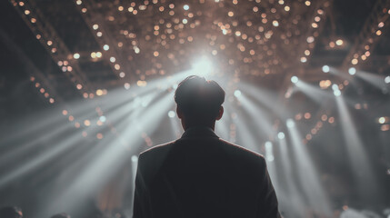Fototapeta premium A person in a suit stands under bright stage lights with their back to the camera. The scene features illuminated beams and blurred light shapes in a large indoor space.