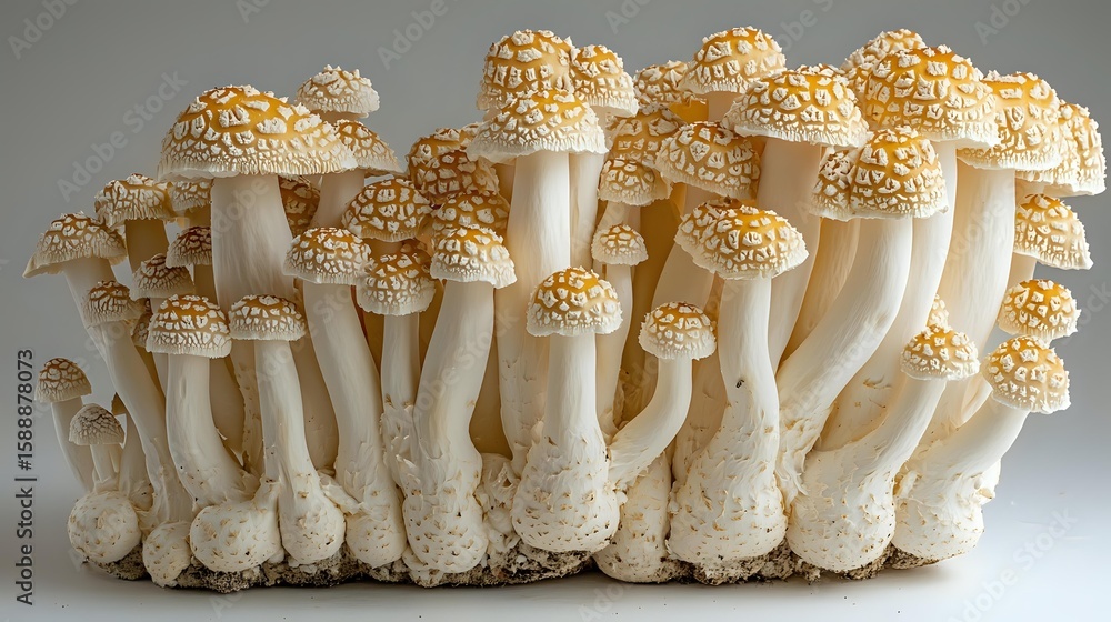 Poster white mushrooms with textured caps growing in cluster formation on light background, macro photograp