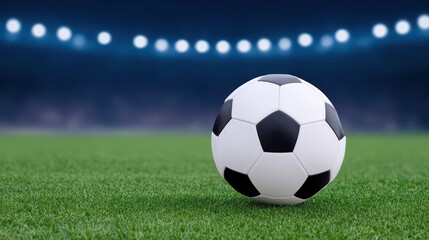 Fototapeta premium Close up soccer ball concept, football on grass field with dramatic lighting and blurred crowd, for Advertise, for banner, with copy space