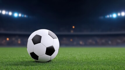 Obraz premium Close up soccer ball concept, football on grass field with dramatic lighting and blurred crowd, for Advertise, for banner, with copy space