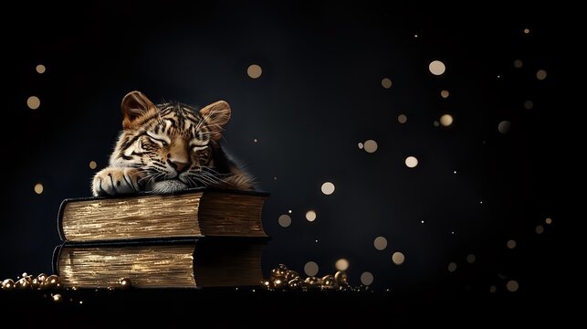 Young tiger cub resting on vintage books against dark background with magical golden bokeh lights and sparkles, creating mystical fantasy atmosphere.