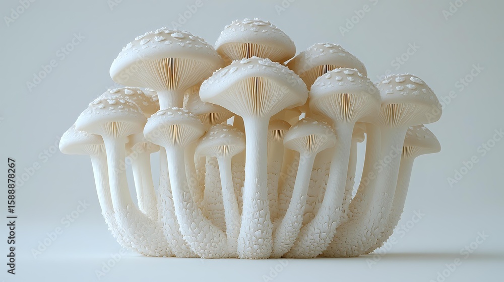 Poster white mushrooms cluster with delicate gills and stems on light background, showing natural organic t