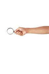 Hand holding a magnifying glass, isolated on white background, representing searching or investigation
