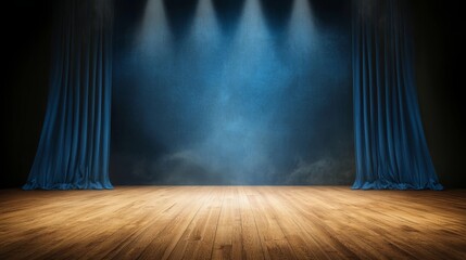 Elegant blue stage curtain and polished wooden floor setting for performance blue