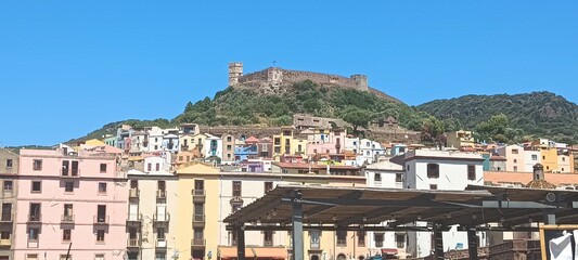 view of the city of Bosa and Castle of Serravalle or castle of the Malaspina family on the hill